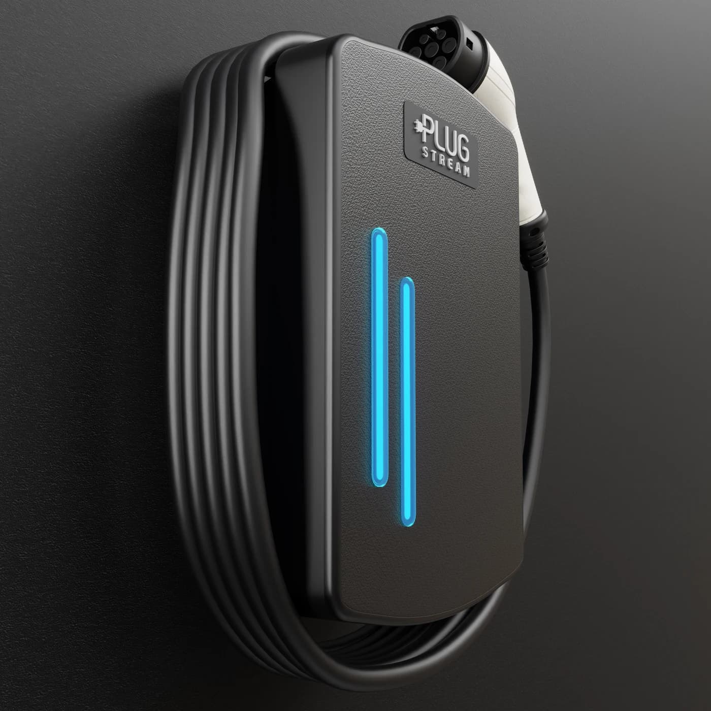 Close-up detail of the PlugStream tethered charger