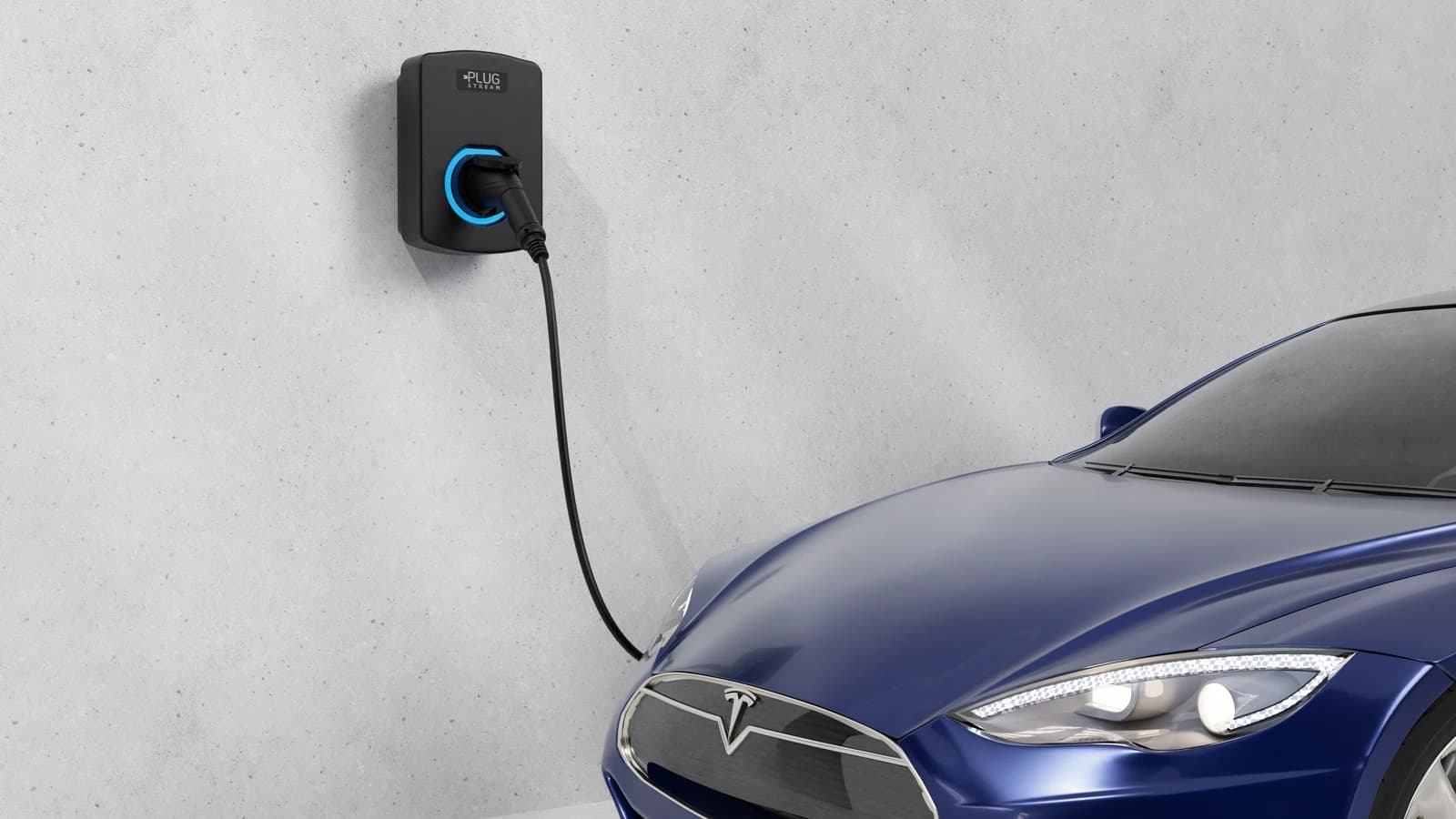 PlugStream EV charger installed beside an electric vehicle