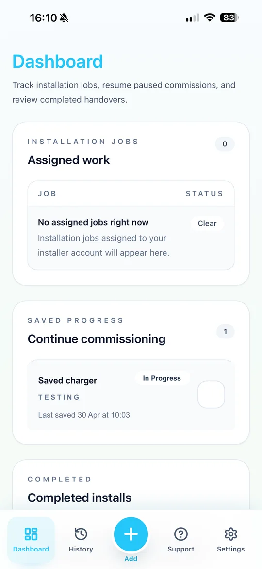 PlugStream Installer dashboard showing assigned work and saved commissioning progress