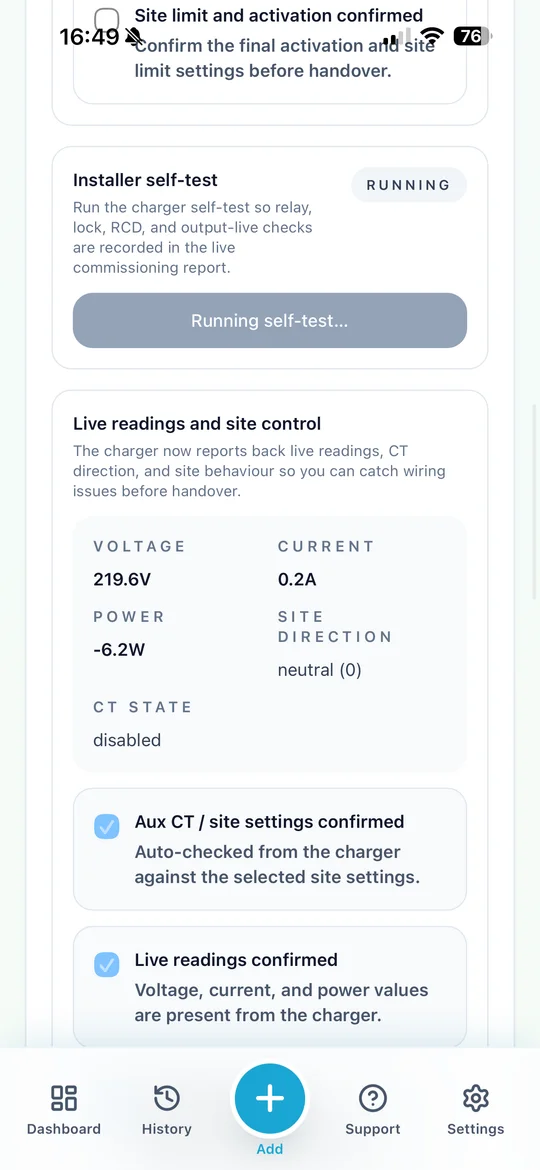 PlugStream Installer live readings screen showing voltage, current, power, CT state, and self-test status