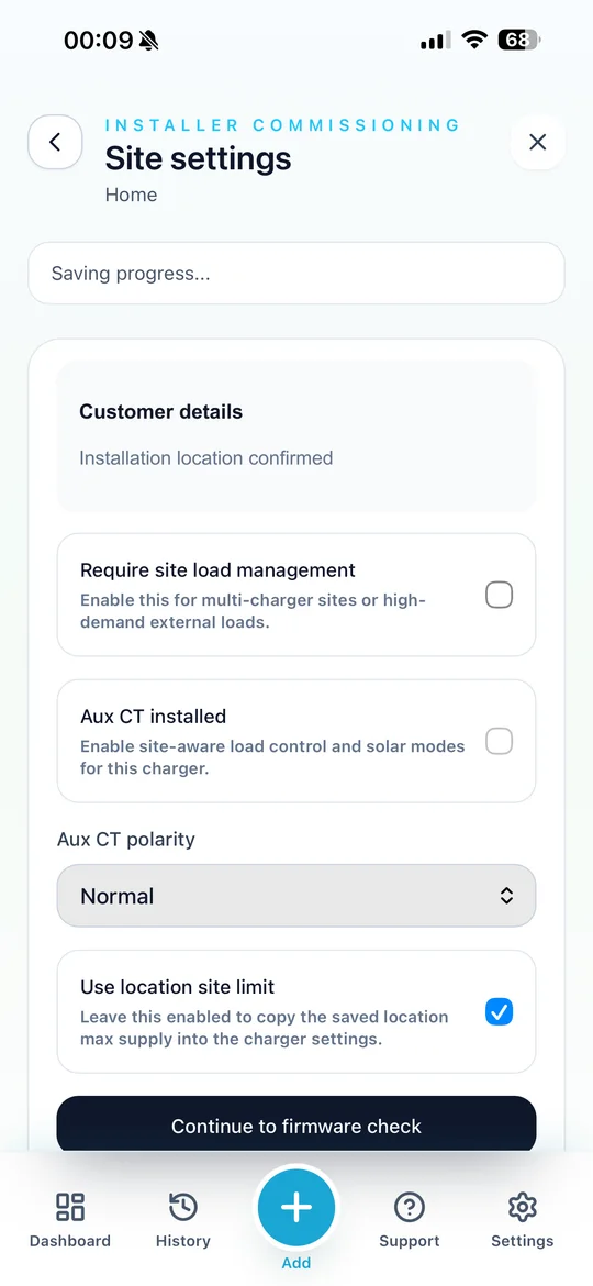 PlugStream Installer site settings screen showing load management and Aux CT settings