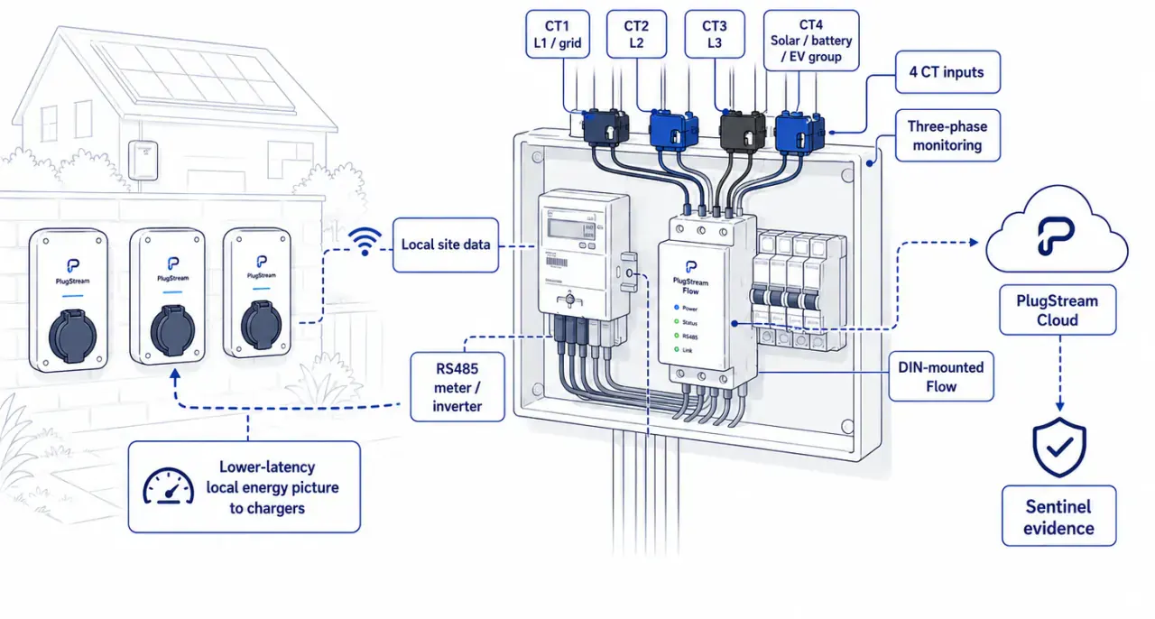 PlugStream Flow diagram showing four CT inputs, three-phase monitoring, RS485 meter or inverter integration, local site data, PlugStream Cloud and Sentinel evidence.