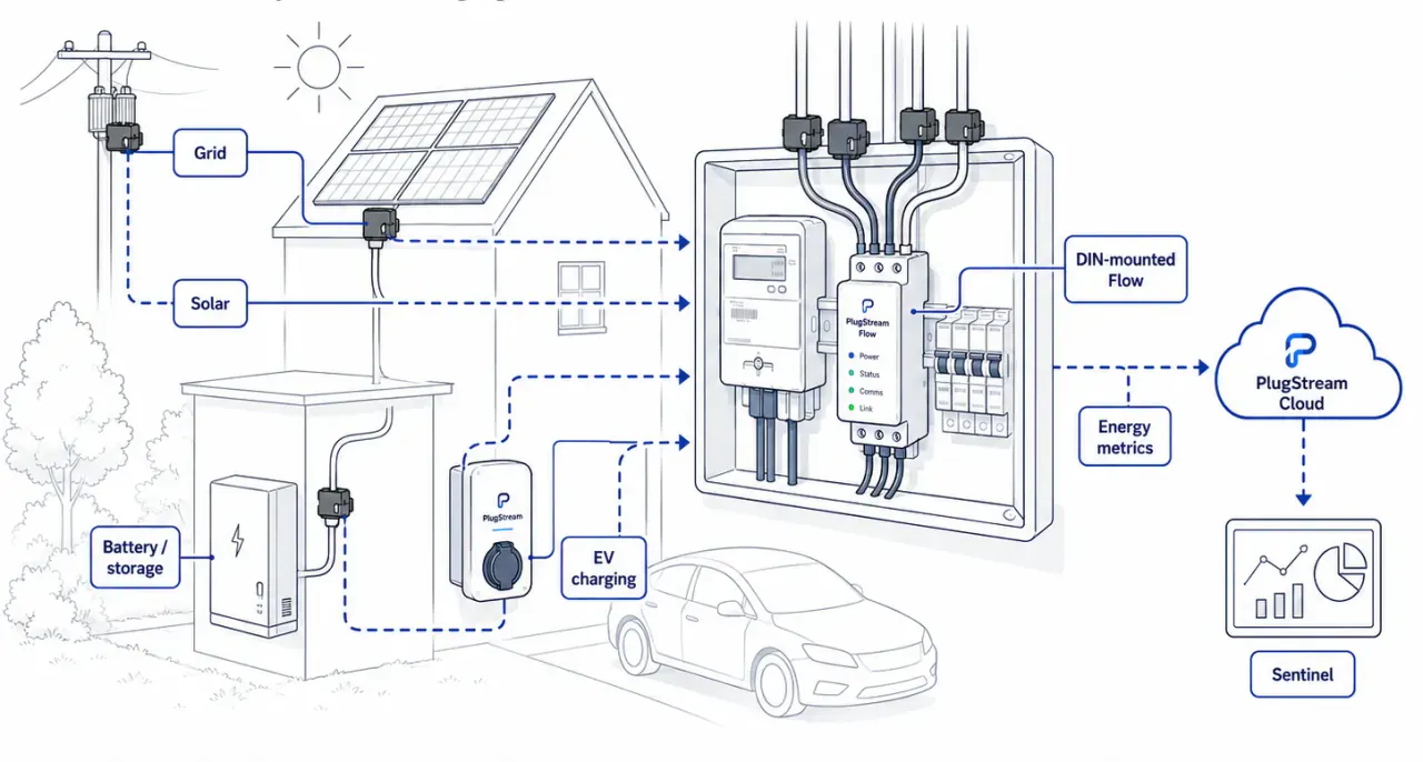 PlugStream Flow diagram showing grid, solar, storage where configured, EV charging, energy metrics, PlugStream Cloud and Sentinel.